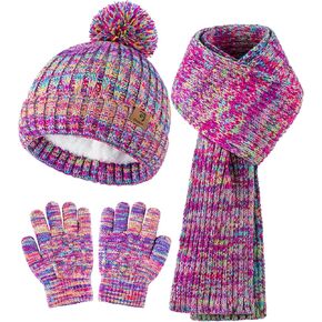 Glooarm Kids Winter Hat Gloves Scarf Set, Girls Toddler Knit Scarf Warm Gloves with Fleece Lined Beanie for 2-14 Years