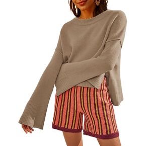 Sweaters for Women Bell Long Sleeve Crewneck Side Slit Fall Winter Casual Oversized Pullover Knit Sweater Top (Khaki-M)