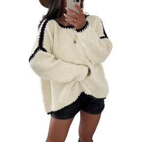 chouyatou Women's Fall Color Block Sweater Casual Loose Crewneck Knitted Pullover Jumper Tops
