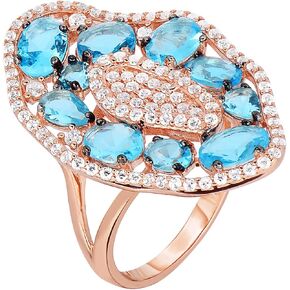 925 Sterling Silver Simulated Blue Topaz Statement Ring, Size 7 Rose Gold Plated