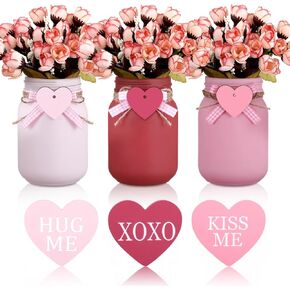 Jexine 12 Pcs Valentine's Day Decorations Pink Rose Mason Jar Table Centerpiece Wood Conversation Heart Decor Farmhouse Valentines Tiered Tray Decor Valentines Day Decor for Home Dining Kitchen Table