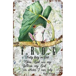 Krouterebs Frog Fully Rely On God Vintage Style Metal Tin Sign Home,Living Room,Kitchen,Dining Room,Bedroom,Farmhouse,Wall Decoration 6" x 8"