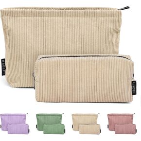 MAGEFY Small Makeup Bag 2 PCS Corduroy Make up Bag for Purse Large Capacity Travel Cosmetic Bag for Women Zipper Makeup Pouch for Travelling Preppy Stuff - Purple