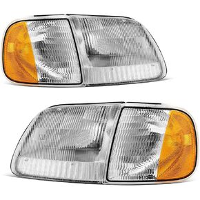 oEdRo Halogen Headlights Replacement w/Corner Parking Set Compatible with 1997 1998 1999 2000 2001 2002 2003 Ford F150 / Expedition Headlamps Chrome Housing Amber Reflector Driver and Passenger