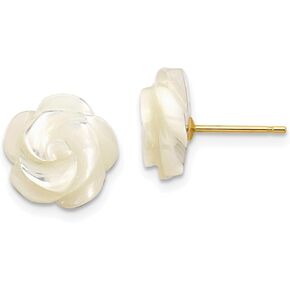 14k Yellow Real Gold Mother of Pearl Flower Stud Earrings, 10mm