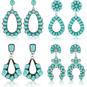Turquoise Oval Earring 4 Pairs Turquoise Bohemian Dangle Metal Earrings Western Earrings for Women Cowgirl Vintage Turquoise Earrings Statement Teardrop Earrings (Classic Style)