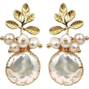 Pearl Earrings with 18k Gold Life Tree, 925 Sterling Needle & Baroque Pearl Drop Earrings for Women