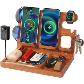 Nightstand Organizer Compatible with Apple Charging Station,Dual Wireless Charger Wood Phone Docking Station,Charge 2 Phones Airpods iWatch,Phone Charger Stand,Cologne Organizer for Men,Gifts for Dad in Kuwait