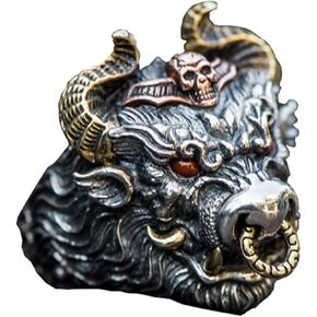 Men's Ring Retro Punk Opening Adjustable Ring Lion, Bull, Skull Silver and Copper,Gift Box