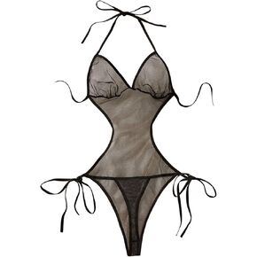 SOLY HUX Women's Mesh Sheer Lingerie Halter Tie Backless Teddy Bodysuit Babydoll Nightwear