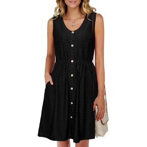 Simplee Womens Sleeveless Eyelet Summer Dress Casual Button Down Short Sundress Beach Tank Mini Dress with Pockets