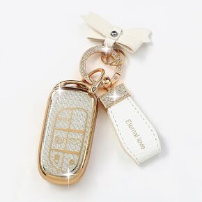 Key Fob Cover with Diamond Keychain, Car Key Shell for Women, Compatible with Jeep Grand Cherokee Renegade Dodge RAM Durango Challenger Chrysler Protector (5 Buttons-Pink Bowknot)