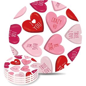 Whaline 4Pcs Valentine's Day Ceramic Coasters Red Pink Heart Drink Coasters Absorbent Cup Mat for Mug Cup Home Kitchen Party Table Decor