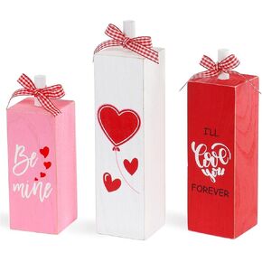 Valentine's Day Wood Table Block Sign 3 Pcs, Rustic Wooden Valentine Centerpieces for Tabletop Decor, Romantic Tiered Tray Table Decor with Bowknot and Love Print for Wedding Home Party Decoration