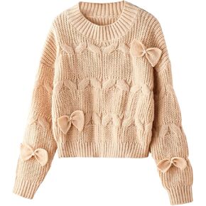GORGLITTER Girl's Bow Tie Solid Color Sweaters Long Sleeve Crew Neck Pullover Sweater