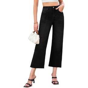 Genleck Women's Wide Leg Jeans - Cropped Jeans High Waisted Seamed Front Raw Hem Denim Pants Trendy Stretchy Baggy Jeans