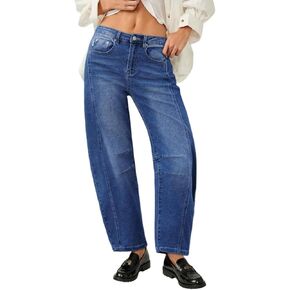 Genleck Barrel Jeans Women Wide Leg Cropped Jeans High Waisted Baggy Boyfriend Mom Denim Ankle Pants with Pockets