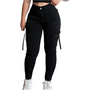 MakeMeChic Women's Zipper Fly Cargo Jeans Skinny Y2K Denim Pants Teousers with Pockets