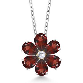 Gem Stone King 925 Silver and 10K Yellow Gold Red Garnet and White Moissanite Pear Shape Flower Pendant Necklace For Women (3.01 Cttw, with 18 Inch Chain)
