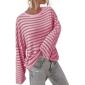 BZB Women's Striped Long Sleeve Tops Oversized Crew Neck Knit Loose Blouses Ribbed Basic T Shirts