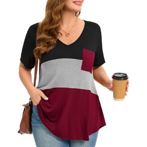 MONNURO Womens Plus Size Tops Color Block Short Sleeve T Shirts Casual Summer Loose Fit Blouses with pocket