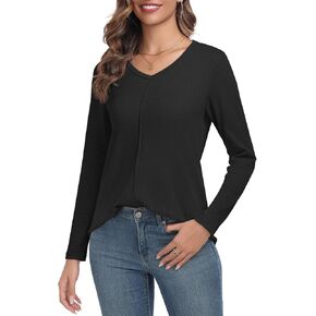DILIUXING Womens V Neck Tunic Tops Pleated Casual Long Sleeves Dressy Blouses Fall Comfortable Fashion T Shirts