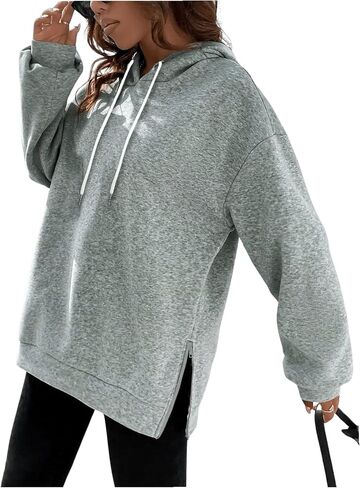 Women's Plus Size Hoodies Drawstring Zipper Slit Hooded Neck Long Sleeve Sweatshirts in Saudi Arabia
