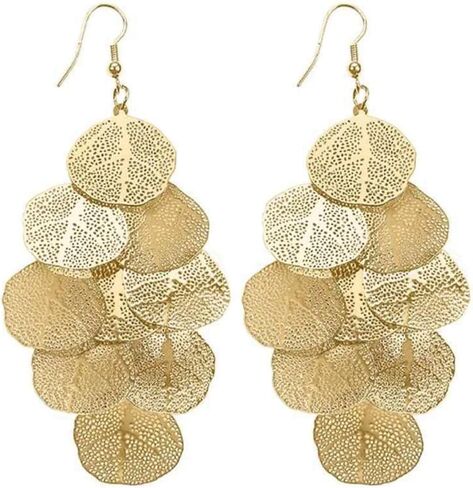 Large Filigree Leaf Drop Dangle Earrings for Women, Dainty 14K Gold Round Disc Statement Chandelier Earrings Trendy Black Silver Aesthetic Jewelry in Saudi Arabia