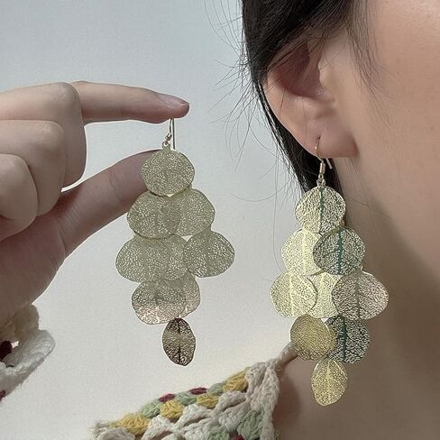 Large Filigree Leaf Drop Dangle Earrings for Women, Dainty 14K Gold Round Disc Statement Chandelier Earrings Trendy Black Silver Aesthetic Jewelry in Saudi Arabia
