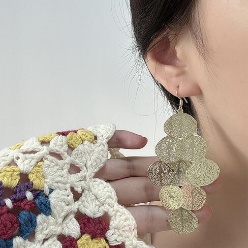 Large Filigree Leaf Drop Dangle Earrings for Women, Dainty 14K Gold Round Disc Statement Chandelier Earrings Trendy Black Silver Aesthetic Jewelry in Saudi Arabia