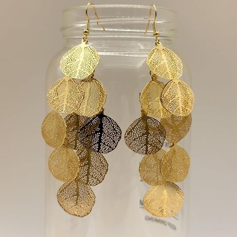 Large Filigree Leaf Drop Dangle Earrings for Women, Dainty 14K Gold Round Disc Statement Chandelier Earrings Trendy Black Silver Aesthetic Jewelry in Saudi Arabia