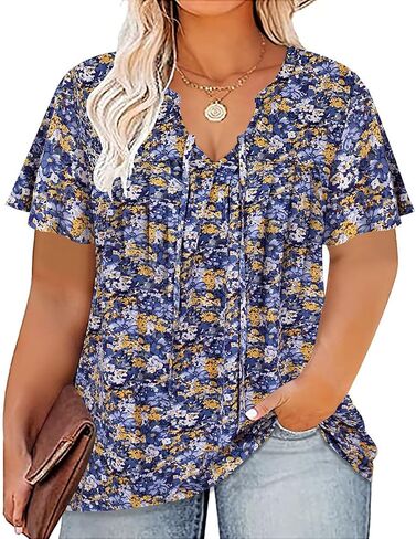 RITERA Plus Size Blouse for Women V Neck Short Sleeve Tops Pullover Flower Pattern Shirts Oversize Tunic 12W-28W Xl-5Xl in Saudi Arabia