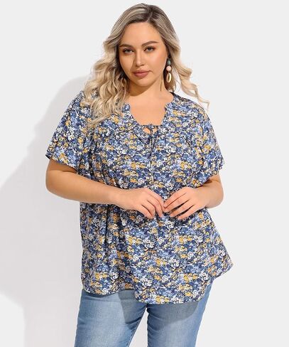 RITERA Plus Size Blouse for Women V Neck Short Sleeve Tops Pullover Flower Pattern Shirts Oversize Tunic 12W-28W Xl-5Xl in Saudi Arabia