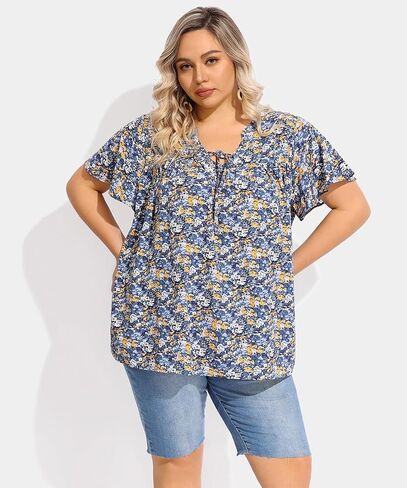 RITERA Plus Size Blouse for Women V Neck Short Sleeve Tops Pullover Flower Pattern Shirts Oversize Tunic 12W-28W Xl-5Xl in Saudi Arabia