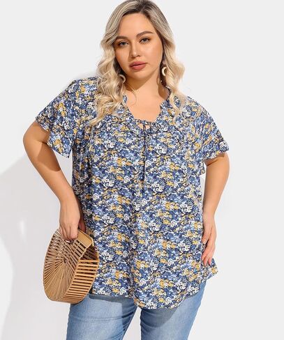 RITERA Plus Size Blouse for Women V Neck Short Sleeve Tops Pullover Flower Pattern Shirts Oversize Tunic 12W-28W Xl-5Xl in Saudi Arabia