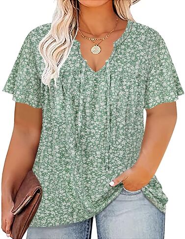 RITERA Plus Size Blouse for Women V Neck Short Sleeve Tops Pullover Flower Pattern Shirts Oversize Tunic 12W-28W Xl-5Xl in Saudi Arabia