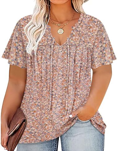 RITERA Plus Size Blouse for Women V Neck Short Sleeve Tops Pullover Flower Pattern Shirts Oversize Tunic 12W-28W Xl-5Xl in Saudi Arabia