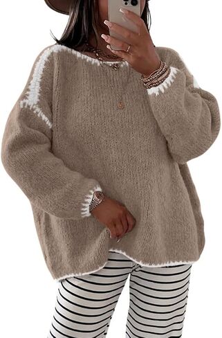 chouyatou Women's Fall Color Block Sweater Casual Loose Crewneck Knitted Pullover Jumper Tops in Kuwait