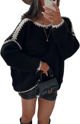 chouyatou Women's Fall Color Block Sweater Casual Loose Crewneck Knitted Pullover Jumper Tops in Kuwait