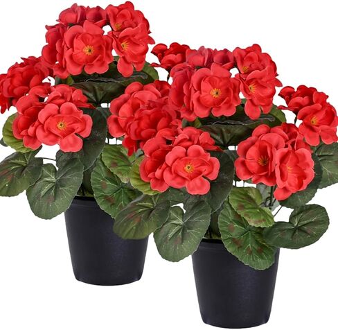 2 Pack Artificial Fake Flowers Plants Silk Flower with Potted, Faux Geranium Silk Flowers in Pot Faux Flowers for Outdoors Garden Home Decor Indoors Kitchen Wedding Party Centerpieces, Red in Saudi Arabia
