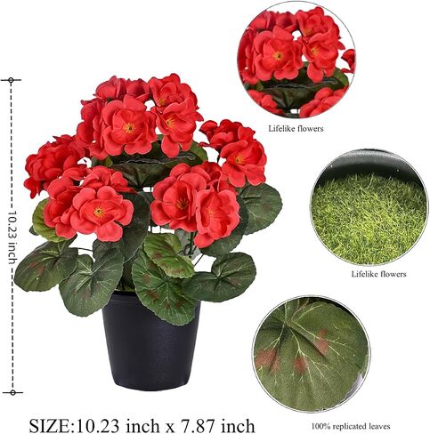 2 Pack Artificial Fake Flowers Plants Silk Flower with Potted, Faux Geranium Silk Flowers in Pot Faux Flowers for Outdoors Garden Home Decor Indoors Kitchen Wedding Party Centerpieces, Red in Saudi Arabia