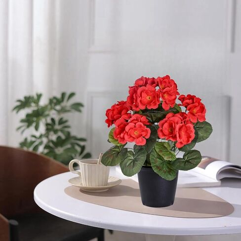 2 Pack Artificial Fake Flowers Plants Silk Flower with Potted, Faux Geranium Silk Flowers in Pot Faux Flowers for Outdoors Garden Home Decor Indoors Kitchen Wedding Party Centerpieces, Red in Saudi Arabia
