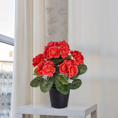 2 Pack Artificial Fake Flowers Plants Silk Flower with Potted, Faux Geranium Silk Flowers in Pot Faux Flowers for Outdoors Garden Home Decor Indoors Kitchen Wedding Party Centerpieces, Red in Saudi Arabia
