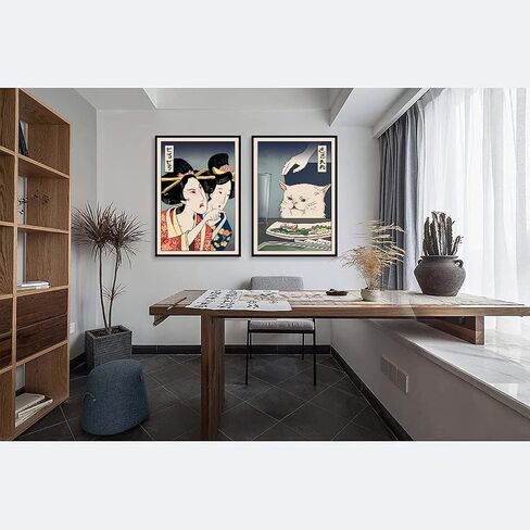 2 Funny Cute Canvas Paintings Japanese Woman Yelling at Cat Eat Food Poster Print Vintage Wall Art Meme Pictures Dining Room Kitchen Hallway Unframed 12x16 inches… in Saudi Arabia