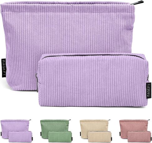 MAGEFY Small Makeup Bag 2 PCS Corduroy Make up Bag for Purse Large Capacity Travel Cosmetic Bag for Women Zipper Makeup Pouch for Travelling Preppy Stuff - Purple in Saudi Arabia