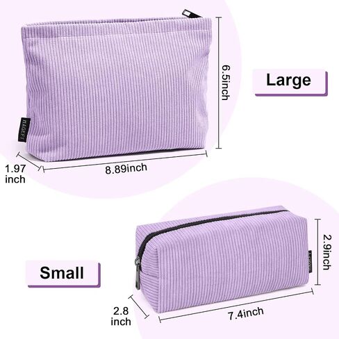 MAGEFY Small Makeup Bag 2 PCS Corduroy Make up Bag for Purse Large Capacity Travel Cosmetic Bag for Women Zipper Makeup Pouch for Travelling Preppy Stuff - Purple in Saudi Arabia