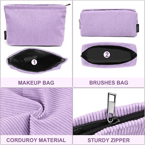 MAGEFY Small Makeup Bag 2 PCS Corduroy Make up Bag for Purse Large Capacity Travel Cosmetic Bag for Women Zipper Makeup Pouch for Travelling Preppy Stuff - Purple in Saudi Arabia