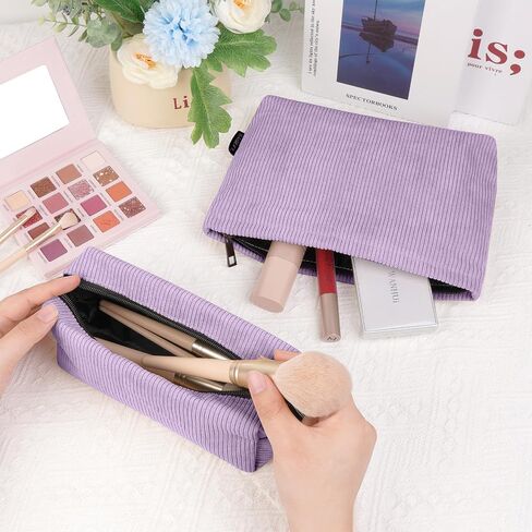 MAGEFY Small Makeup Bag 2 PCS Corduroy Make up Bag for Purse Large Capacity Travel Cosmetic Bag for Women Zipper Makeup Pouch for Travelling Preppy Stuff - Purple in Saudi Arabia