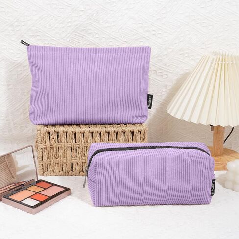 MAGEFY Small Makeup Bag 2 PCS Corduroy Make up Bag for Purse Large Capacity Travel Cosmetic Bag for Women Zipper Makeup Pouch for Travelling Preppy Stuff - Purple in Saudi Arabia