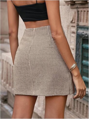 تنورة Floerns النسائية الكاجوال بطبعة Houndstooth المستقيمة على شكل حرف A وسحاب Bodycon in Saudi Arabia